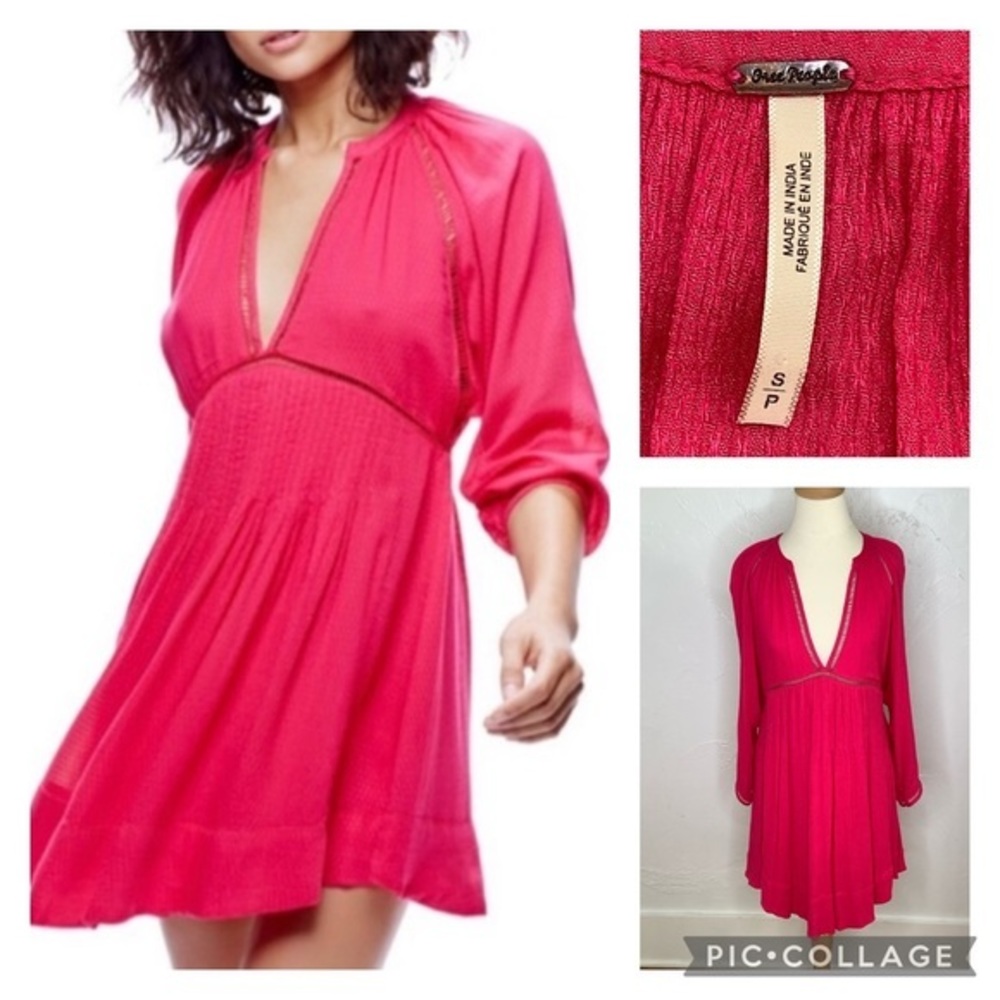 Free People Go Lightly magenta v neck mini flowwy dress size Small EUC